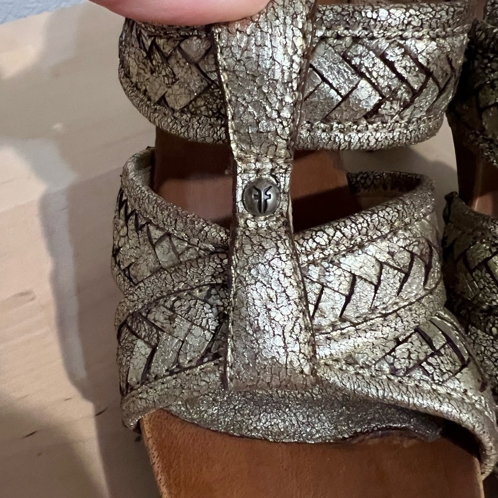 Frye Metallic Gold Braided Leather High Heel Sandals - Picture 7 of 8